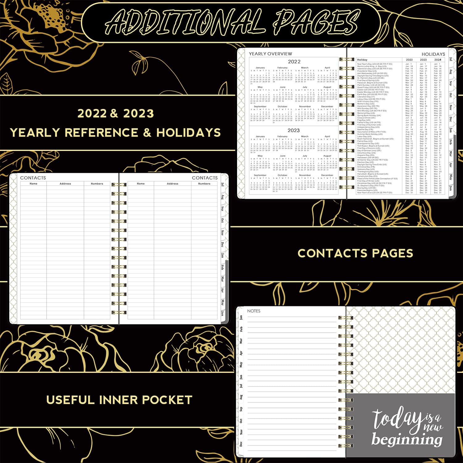 2022 Planner - Planner 2022 Weekly & Monthly Planner with Tabs, 6.3" x 8.4", Jan. 2022 - Dec. 2022. Hardcover with Thick Paper + Back Pocket + Banded, Twin-Wire Binding - Black Rose