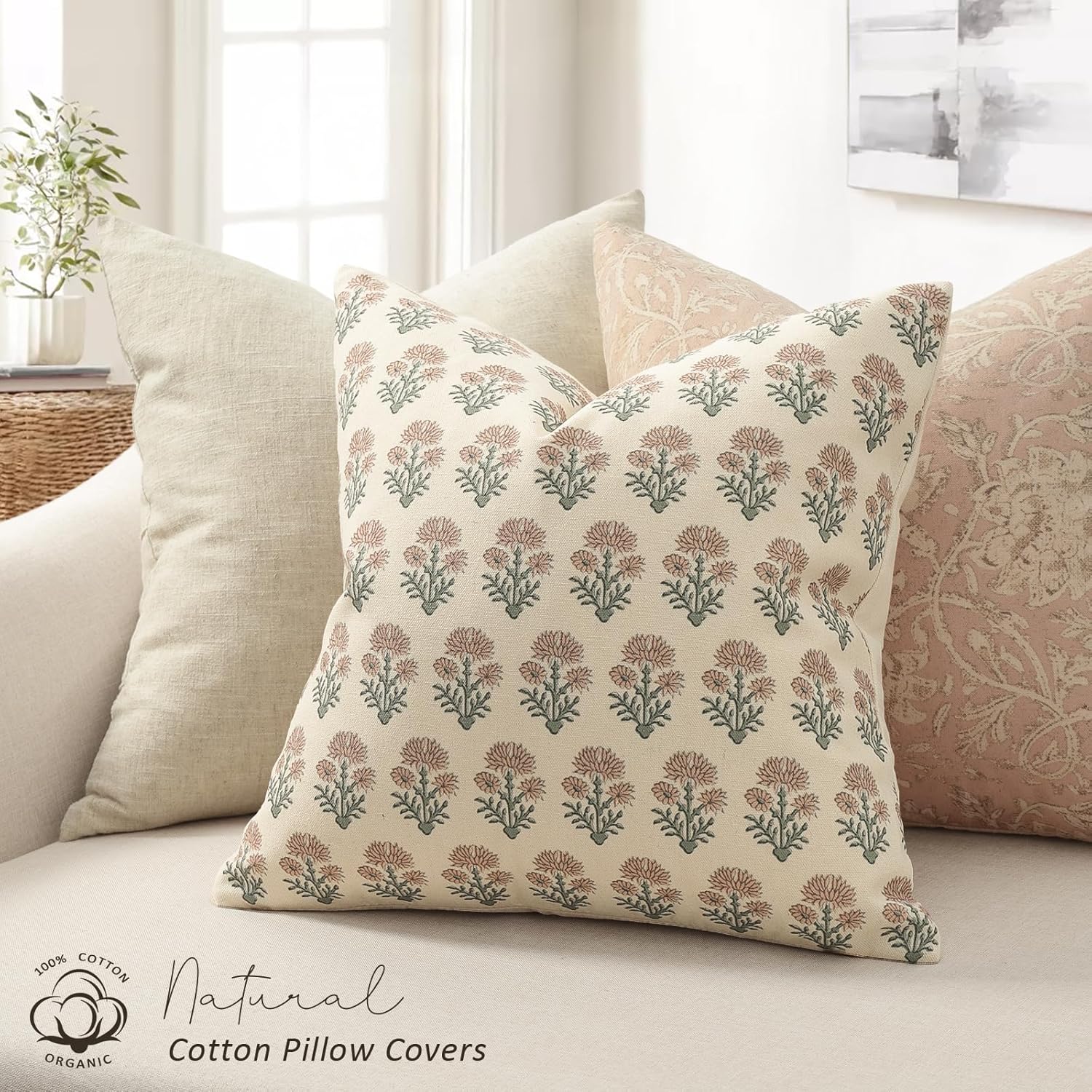 Farmhouse Floral Pillow Covers 26x26 Set of 2, Country Botanical Throw Pillow Cover for Sofa Couch Bed Living Room, Rustic Vintage Flower Cushion Covers Cottage Home Decor,Blush Sage