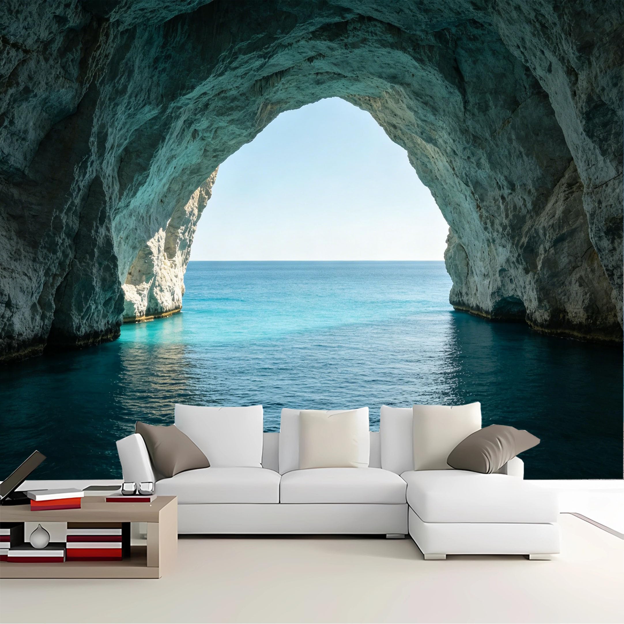 Custom Size Wall Mural Cave View Blue Ocean Arch Removable Self Adhesive Peel and Stick Wallpaper for Bedroom Living Room Dining Room