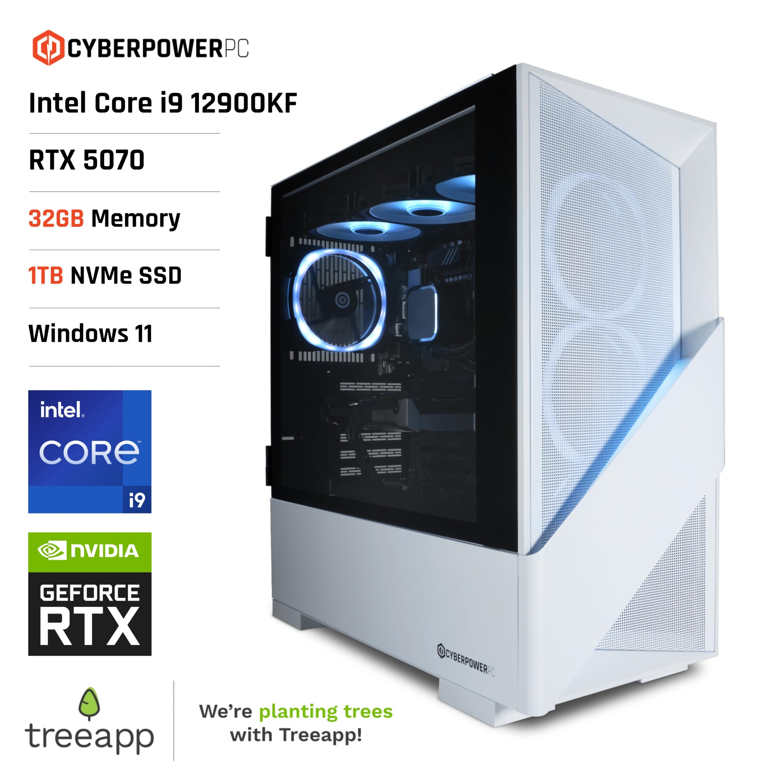 CyberPowerPC Luxe Gaming PC - Intel Core i9 12900KF, Nvidia RTX 5070, 32GB RAM, 1TB NVMe SSD, 750W PSU, Windows 11, Liquid Cooling, Amethyst 360M Airflow White