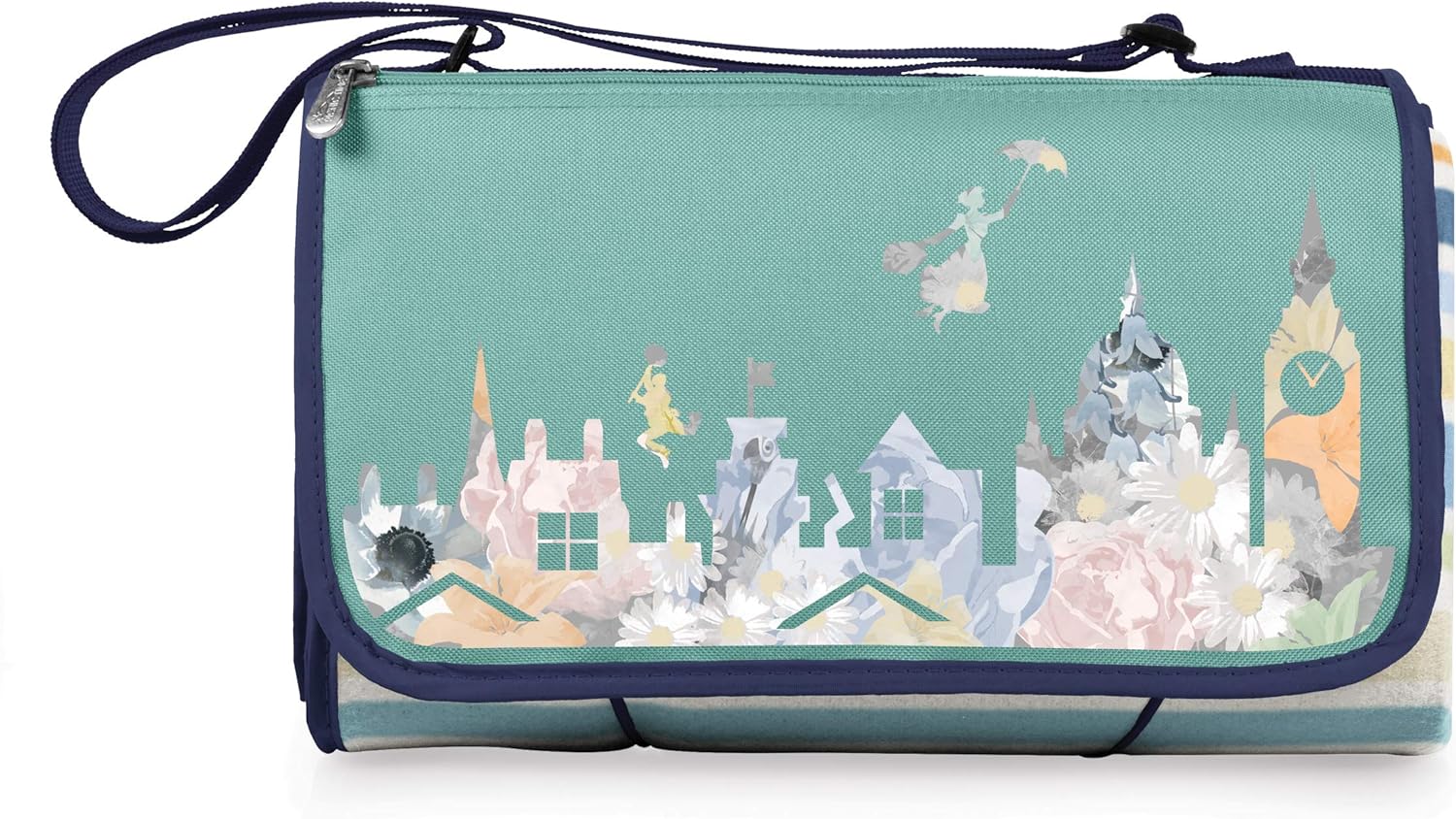 PICNIC TIME Disney Mary Poppins Blanket Tote Picnic Blanket, Folding Outdoor Beach and Camping Blanket with Carry Tote and Zipper Pocket, Water Resistant Fleece, (St. Tropez Collection)