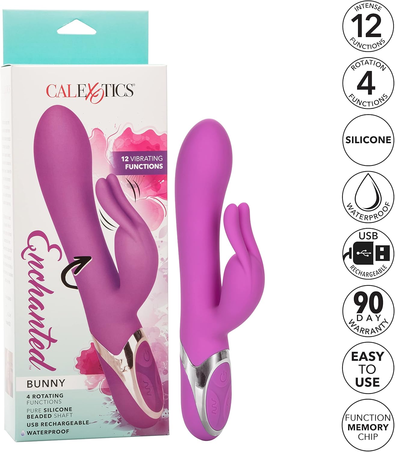Close-up of the CalExotics Enchanted Bunny Massager showing the control panel with three buttons: power, and two wave-patterned buttons for function control. The device is purple with a silver trim.