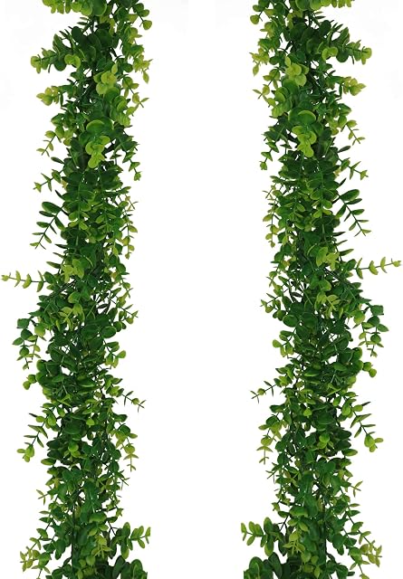 GraduationMall Faux Eucalyptus Garland Plant,2 Pack 12ft Artificial Foliage Fake Leaves,Leaf Stems Greenery Garland for Wedding Party Home Decor