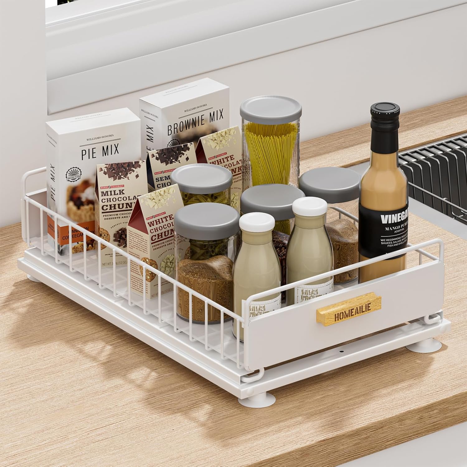 HOMEAILIE Under Sink Organizer, Single Tier Metal Pull Out Sliding Drawer Shelf for Kitchen Bathroom Cabinet Storage, Sturdy Rack – White