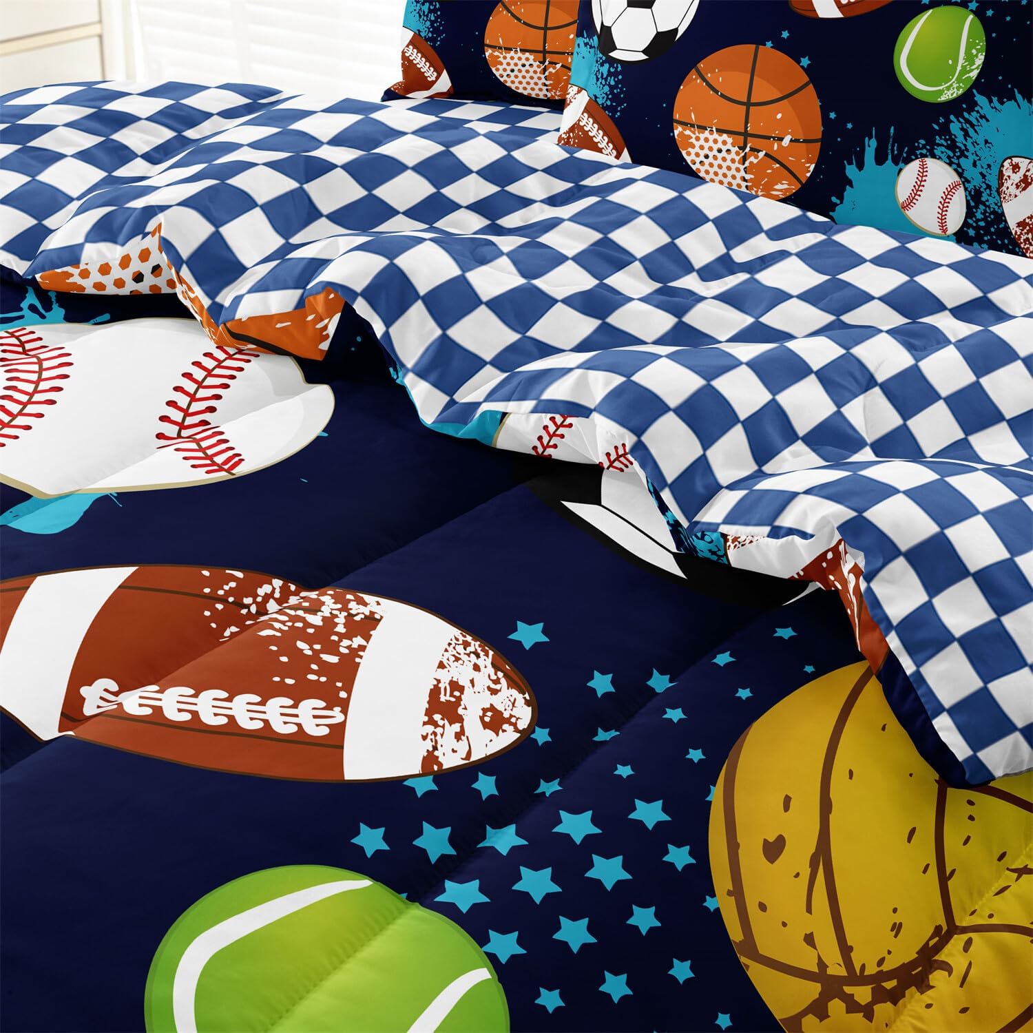 Kids Boys Comforter Set Twin Bed in a Bag w/Sheet Sets, Blue Twin Bedding Sets for Teens Soccer Basketball Baseball Football Sports Themed Bedroom Decor Reversible Design - Image 5