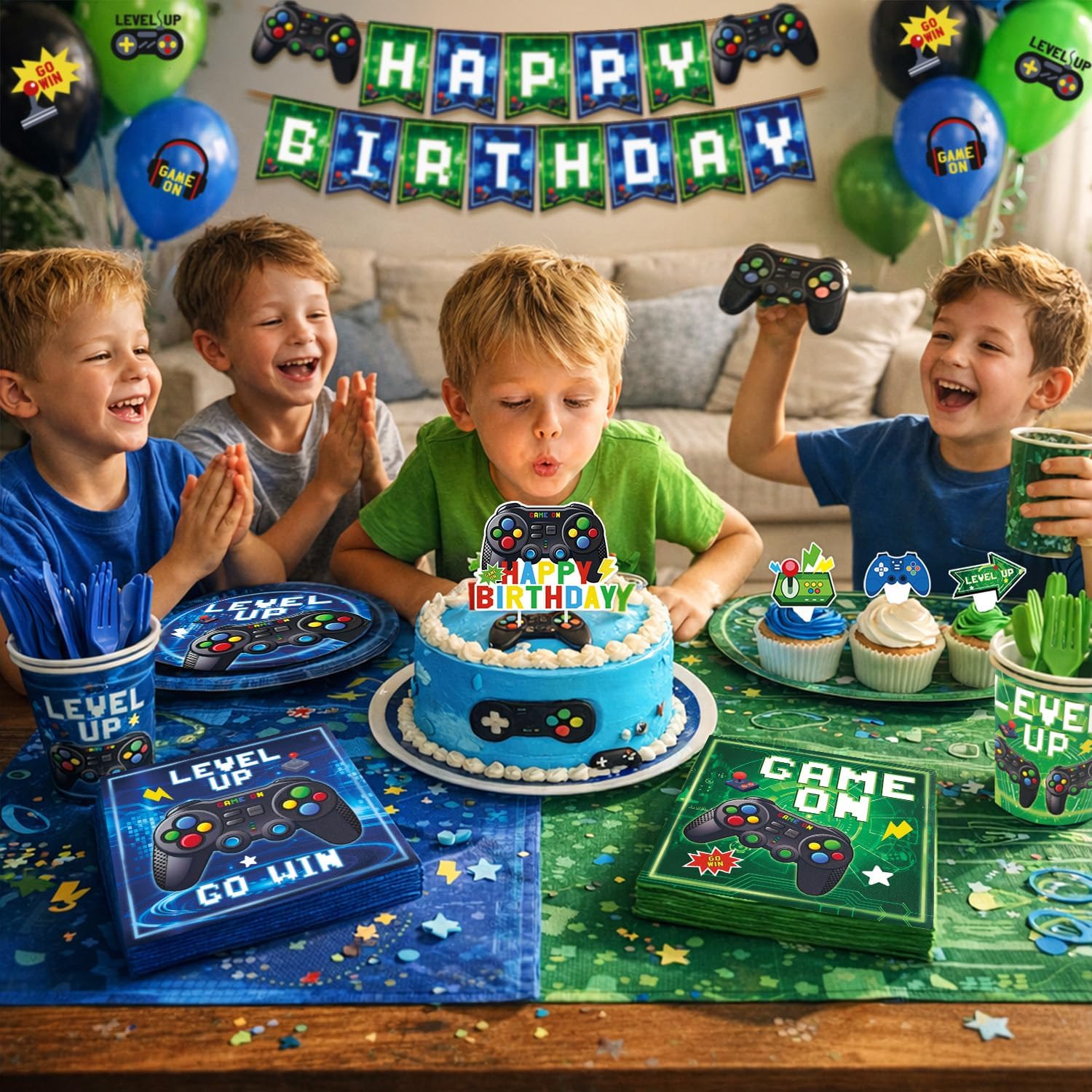 196 Pcs Video Game Party Decorations (Serves 24), gaming party decorations Include Banner Hanging Plates Napkins Cups Forks Knifes Tablecloth Topper Balloons for Boy Party