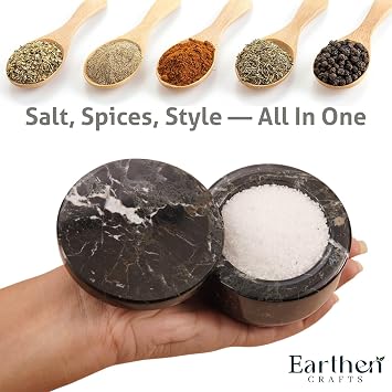 Earthen Crafts Marble Salt Cellar 3 Inch Black Salt Box with Swivel Lid - Spice Container for Kitchen Counter - Salt and Pepper Storage