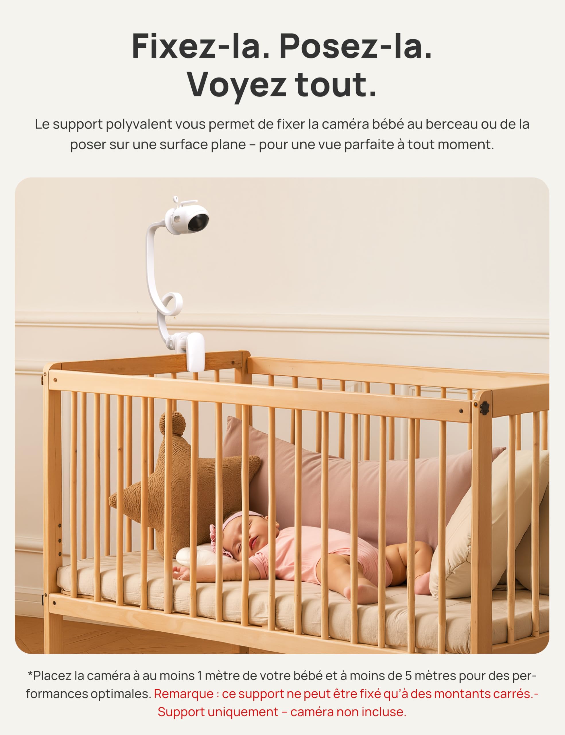 Dr.Care Support pour Babyphone, Support Clip Universel Réglable pour Caméra Bébé, Compatible avec Tous Les Babyphones, Bras Flexible Long pour Lit Bébé, sans Outils
