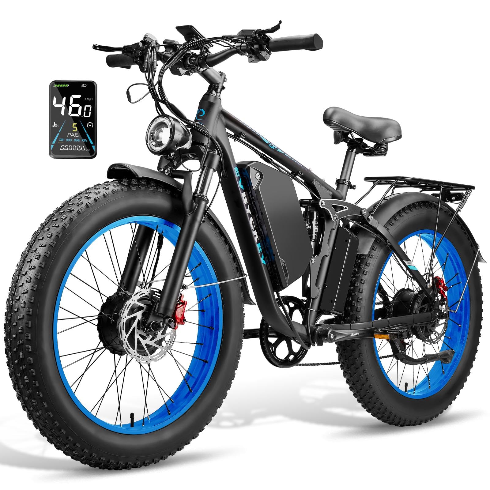 KVGOOGKV EB7PRO Electric Bike on an off-road trail, highlighting its dual motor and robust design.