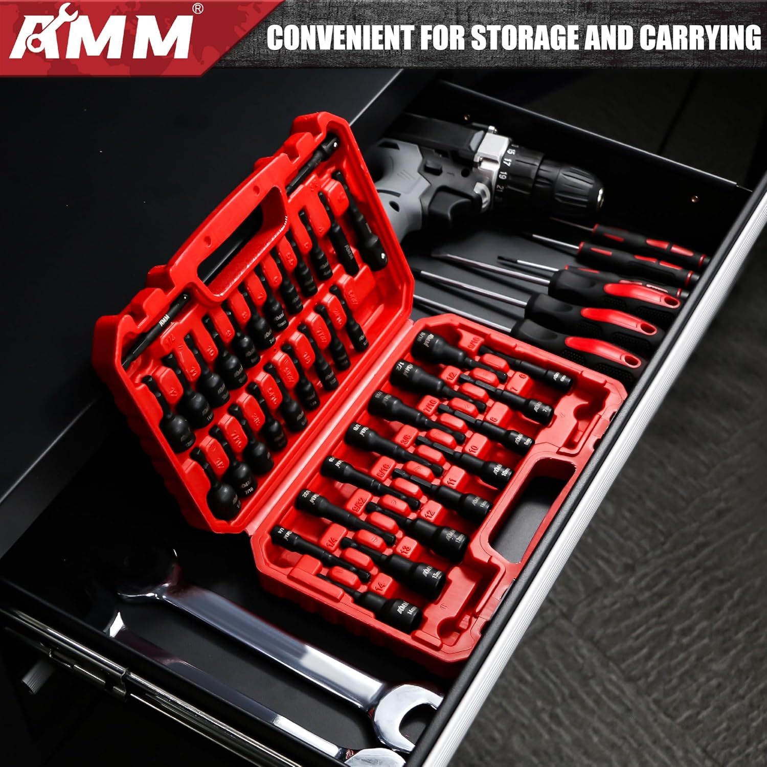 AMM 39PCS Magnetic Nut Driver Set for Impact Drill, Includes Metric & SAE Impact Driver Bit Set, Bit Extension & Drill Bit Adapter | 1/4" Hex Shank | Cr-V Steel