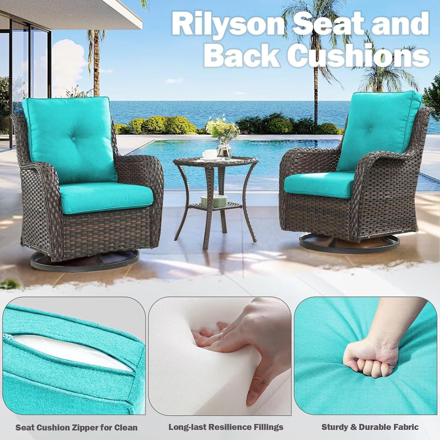 Rilyson Luxury Patio Cushions for Outdoor Furniture - 22×24 Inches High Back and Deep Seating Outdoor Cushion for Patio Chairs Sofa Couch Loveseat Water Resistant(Teal/2 Set/Button)