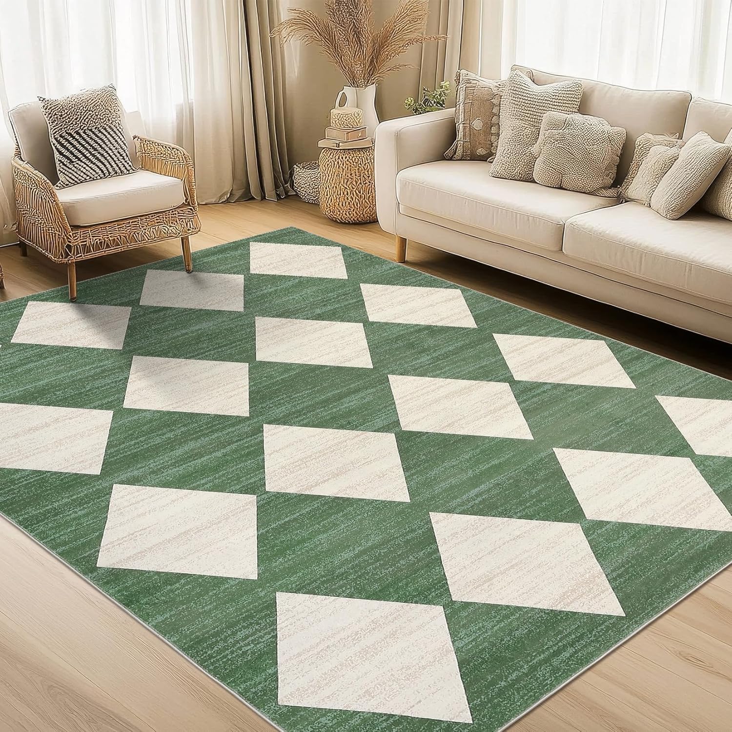 Tapis de grand salon géométrique vert et beige 200x300 cm lavable