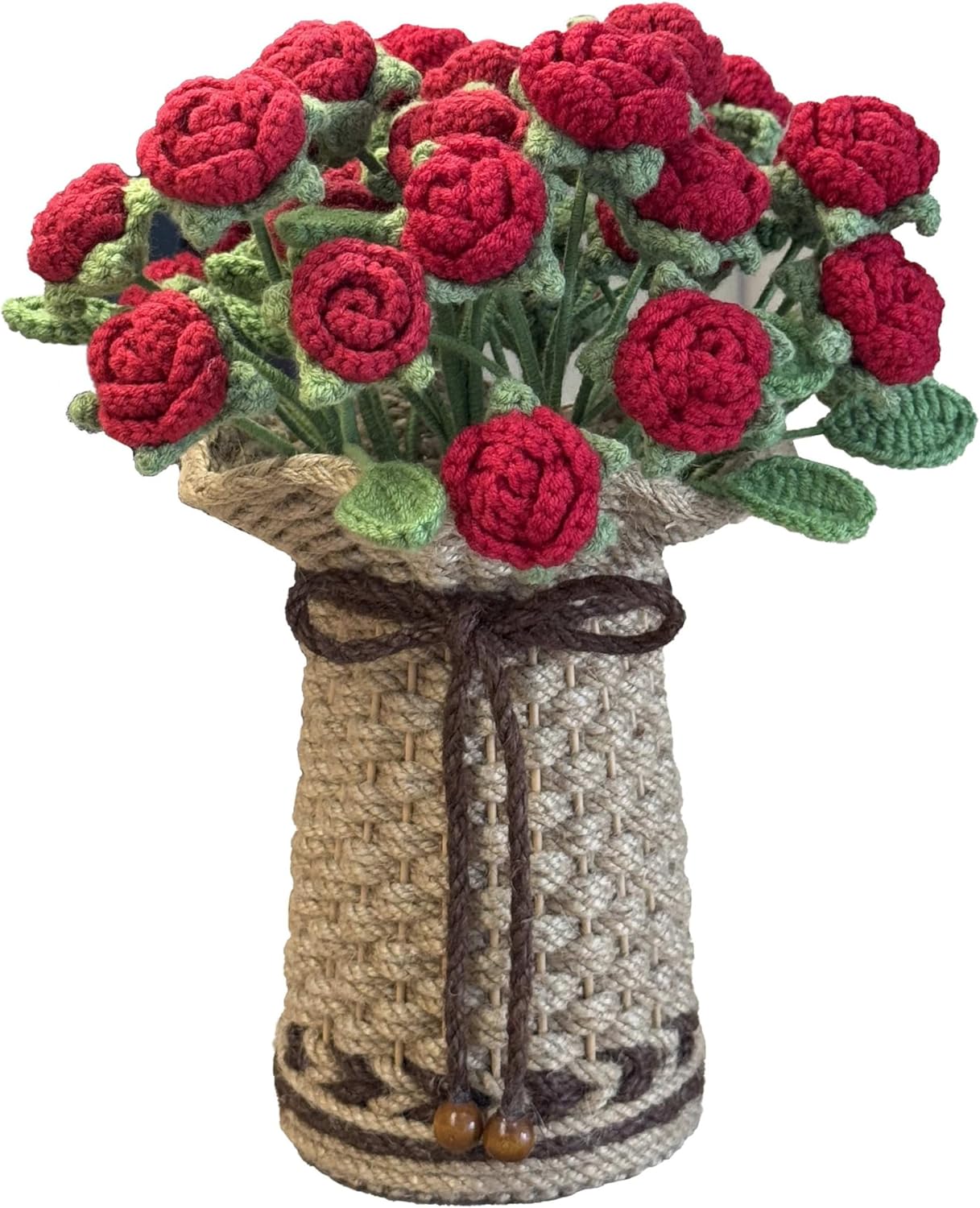 THREEBOY Crochet Red Roses Artificial Flowers Bouquet with Knitted Flower Vase Mothers Day Valentines Gifts Office Desk Decor