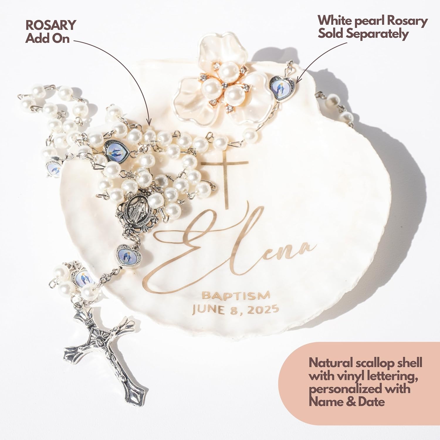 Personalized Baptism Gifts Pearl Natural Scallop 4" Shell Christening Keepsake with Custom Name and Date