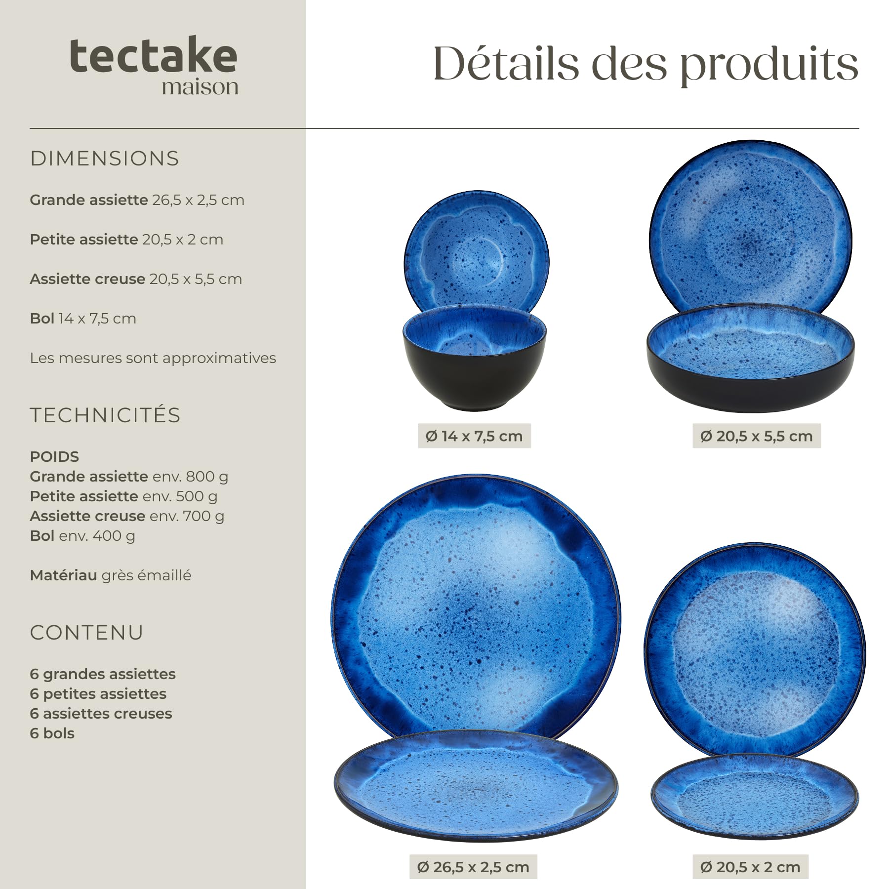 tectake® Service de table 24 pièces pour 6 personnes, Petites et Grandes Assiettes, Assiette creuse, Bols, Service vaisselle en faience, Vaisselle et Arts de la table, Set assiette et Bol, Bleu