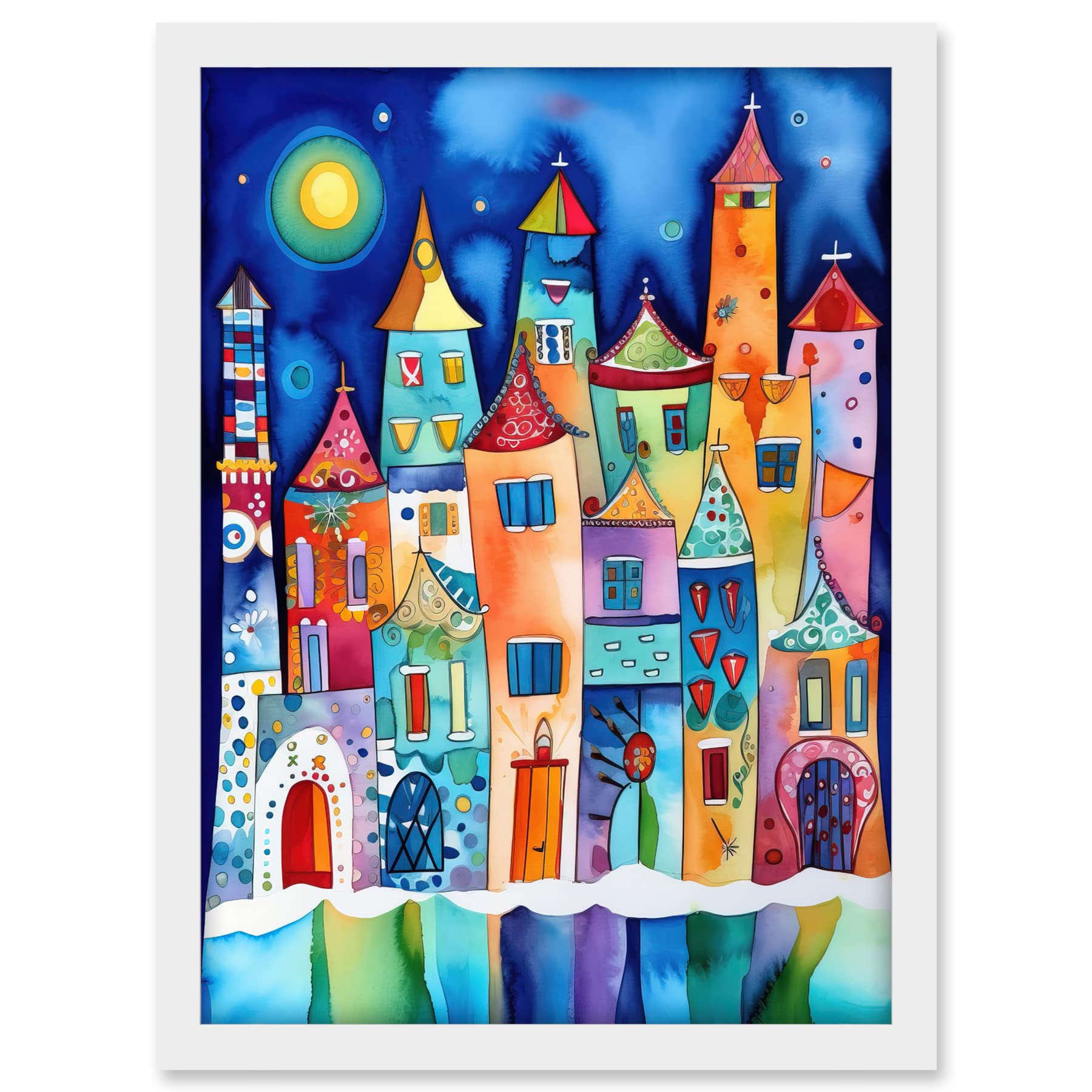 Artery8 Midnight Abstract Town Folk Art Artwork Framed A3 Wall Art Print
