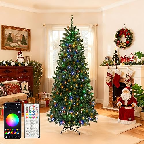 6ft Smart Christmas Tree with 270 LEDs, 16M Color Changing, APP & RemoteControl, Group Control, Music Sync, Timer, Prelit RGB Artificial Christmas Tree with Metal Base