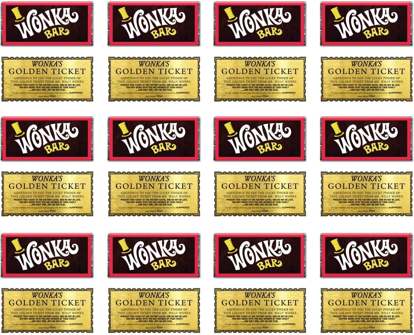 24 Wonka bar and Golden Ticket Cupcake Topper Icing or Wafer or Wafer Card Stand up 2 inch x 1 inch