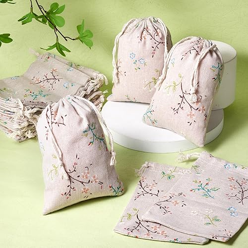 Miniatura 2 de KISSITTY 50 bolsas con cordón impreso con patrón de flores, bolsas de embalaje de regalo, bolsas de almacenamiento de tela para regalos de joyería,