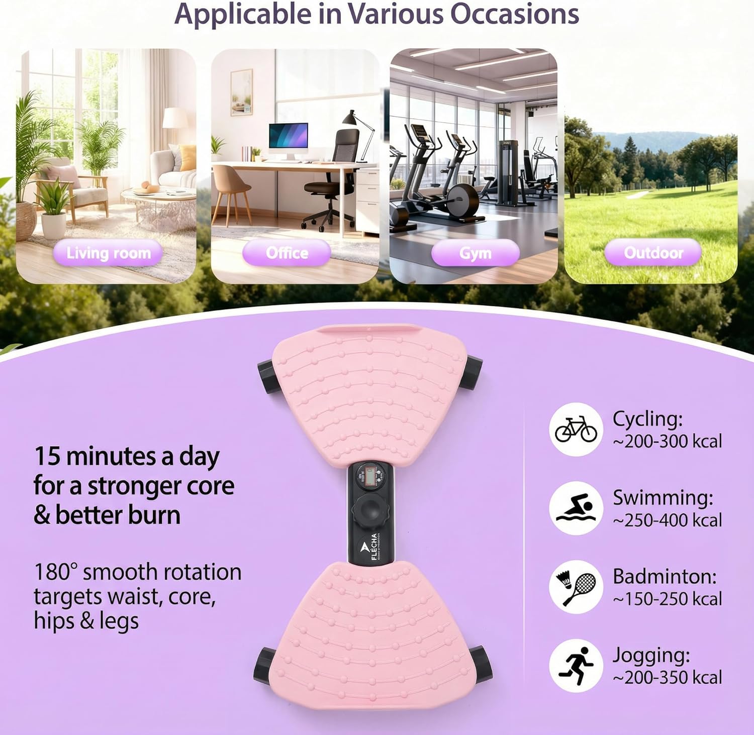 FLÉCHA Waist Twister Machine Exercise, Ab Workout Equipment, Waist Twisting Exercise Board with Digital Counter, Tracks Time Twists Calories, Non-Slip Core Trainer, 300 lb Capacity, Twist Board with Sweat Belt & Virtual Workout Plan, Resistance Bands, Pink/White