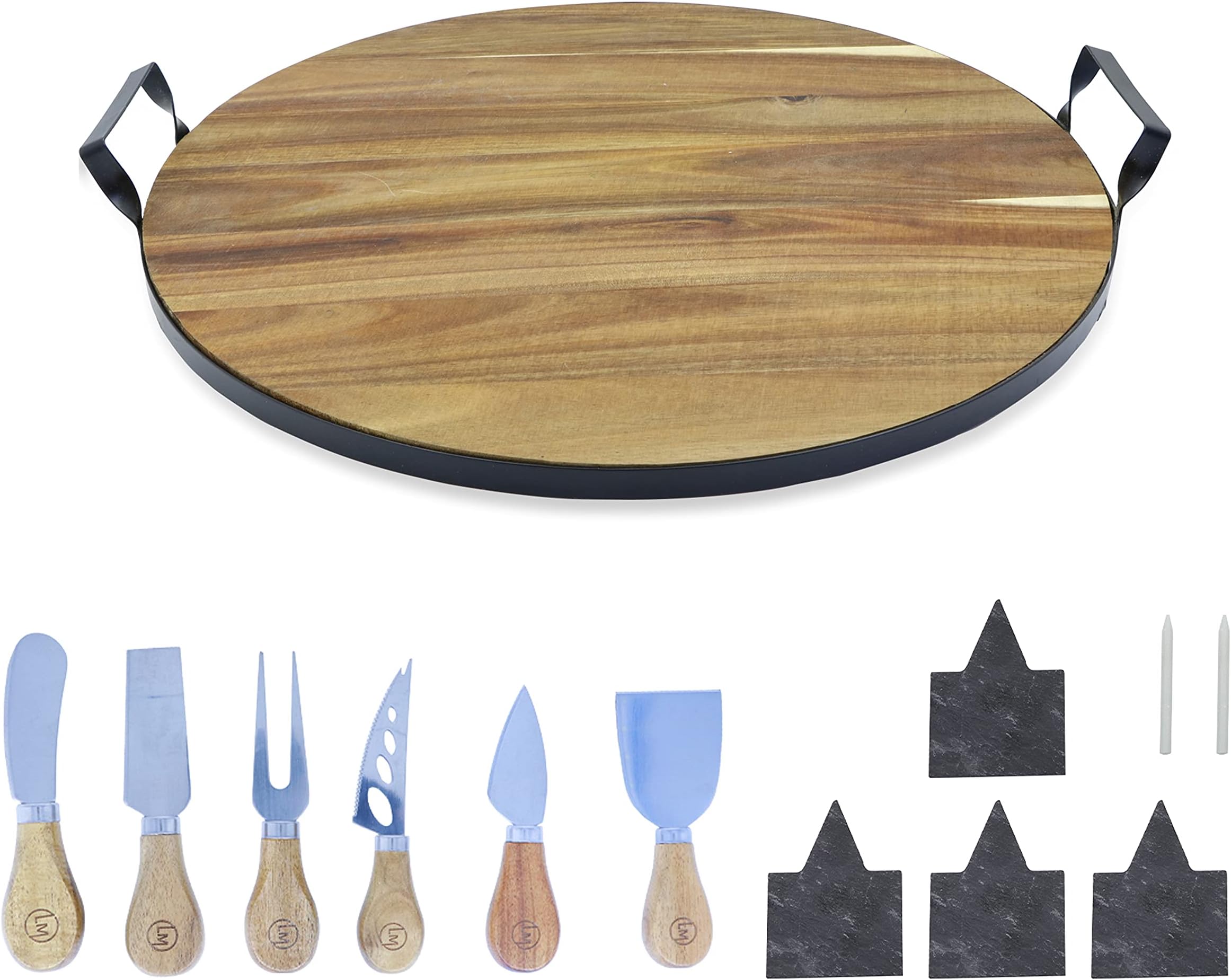 Round Wooden Tray 20", Solid Serving Tray with Handle, Acacia Wood Circle Platter Decorative Tray, Charcuterie Cheese Board, Oversized Ottoman, Home; Breakfast, Tea, Coffee, Fruit, Party, Dinner Tray