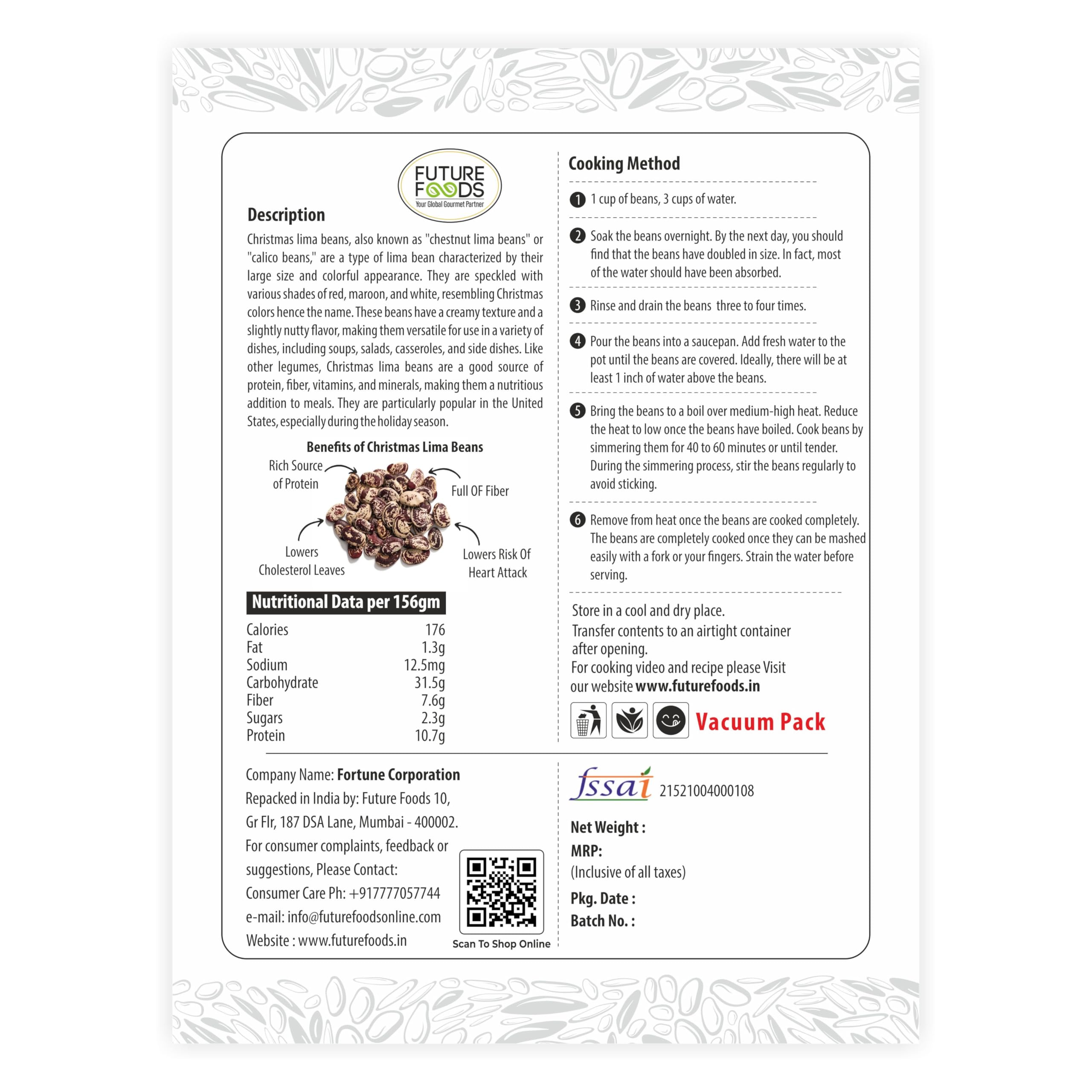 Future Foods Christmas Lima Beans 450 Gram(Pack of 2) /Red Val/Butter Beans - Image 2 thumbnail