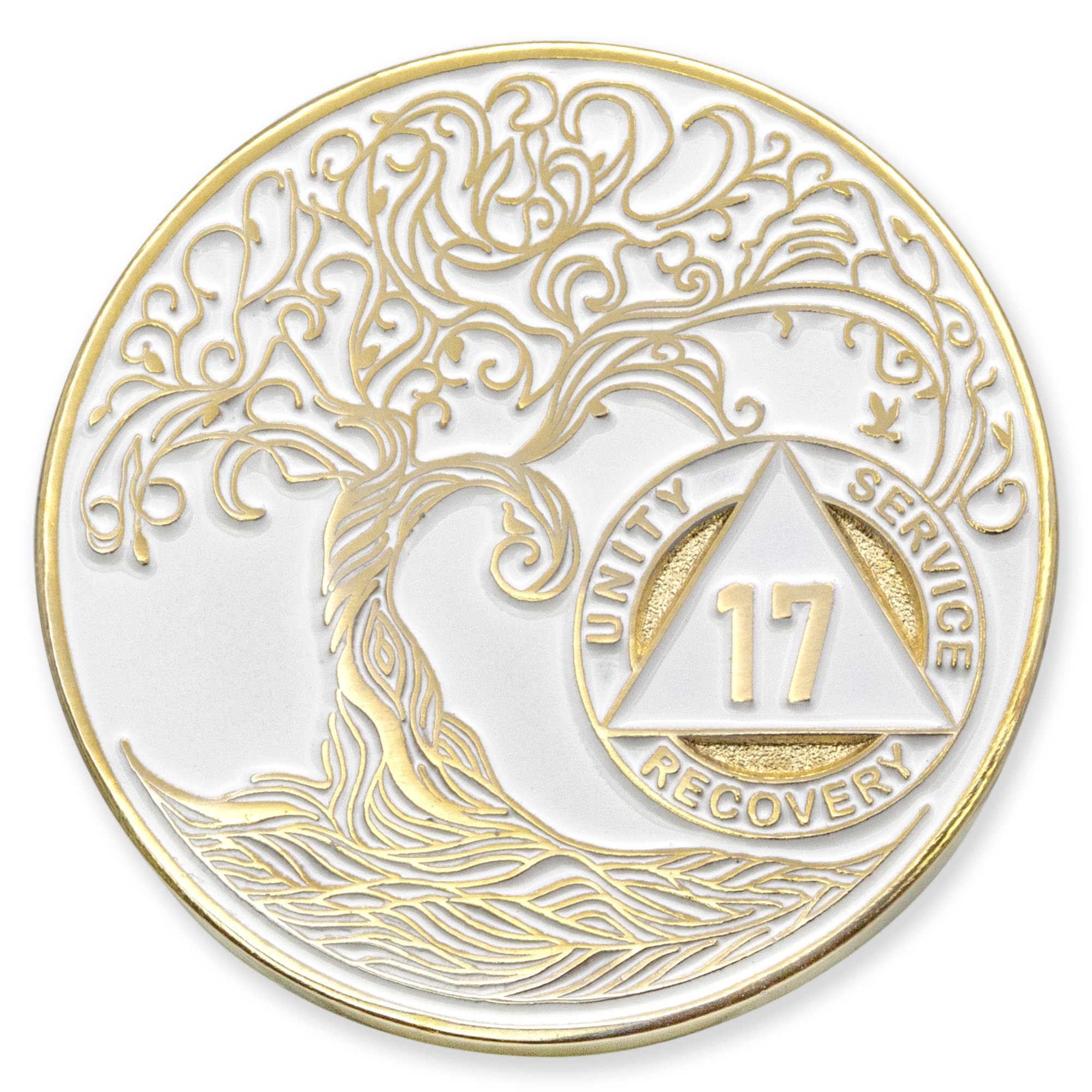 1 to 50 Year Twisted Tree of Life Sobriety Coin - Gold Plated AA Chips &amp; Medallions - 17 Year Sobriety Coin - White