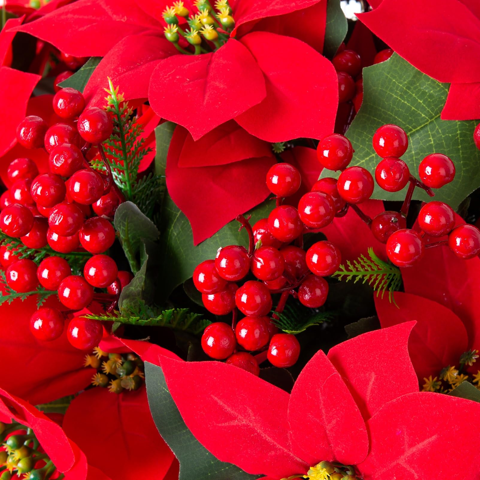 HyeFlora Artificial Fake Hanging Christmas Poinsettia Flowers Basket Outdoor Faux Red Holly Branches Plants Potted Planter Arrangements for New Year Home Indoor Garden Yard Patio Decoration