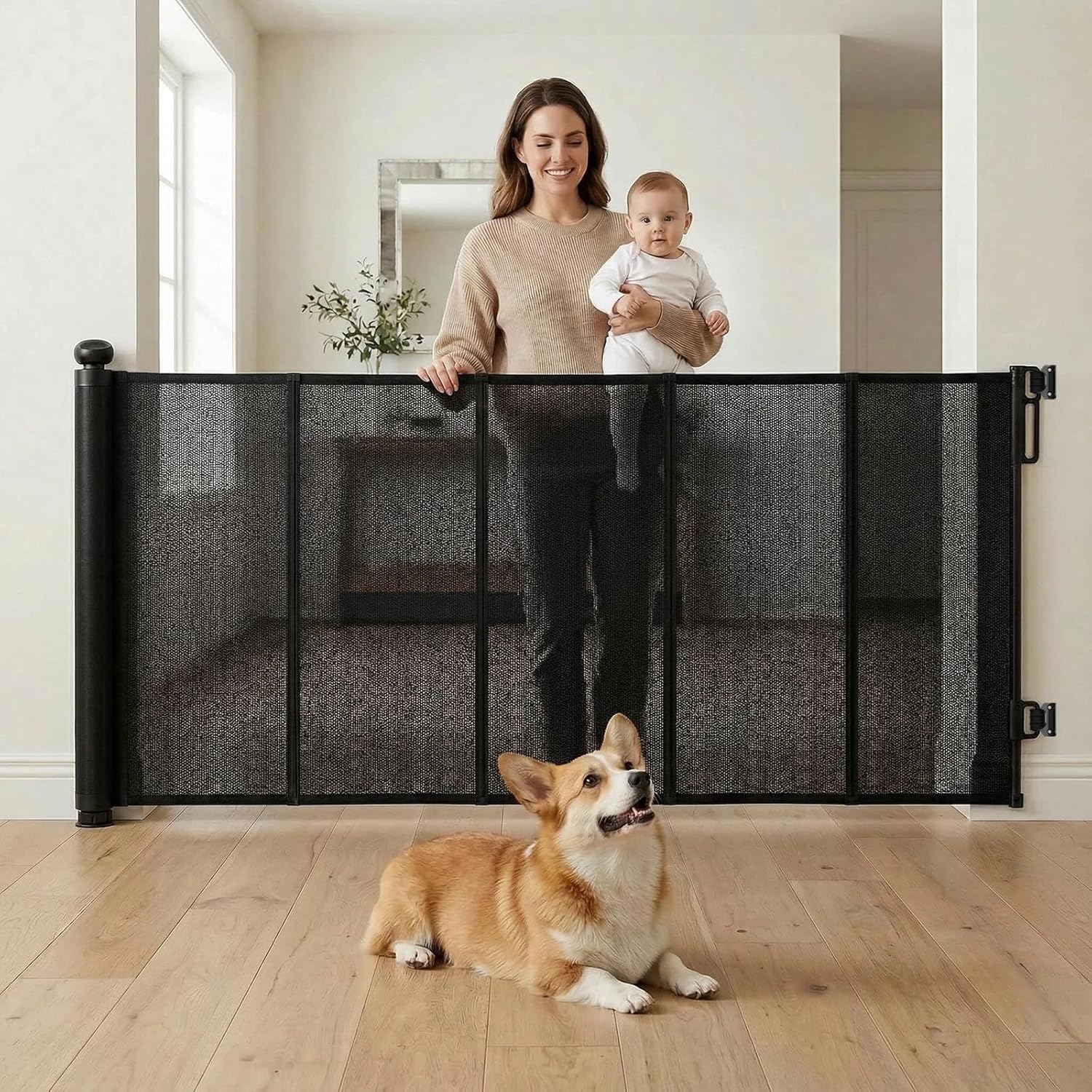 55" Retractable Baby Gates, 34" Tall Mesh Baby Gate with 4 Reinforced Rods, Prevents Kids & Dogs from Crawling Under, Retractable Dog Gate for Doorways, Hallways, Indoor/Outdoor, Black