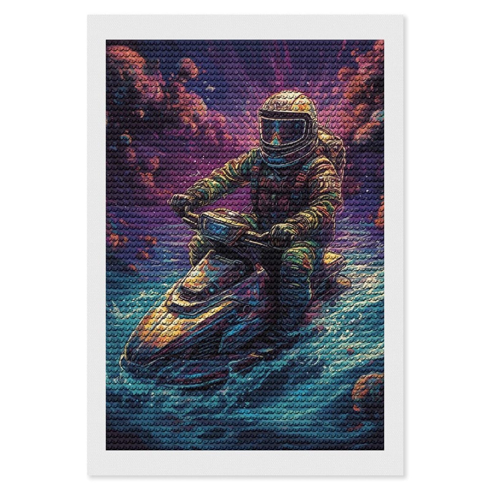 Junmoney Jet Ski Astronaut Space Diamond Painting Canvas Set 8"x12", for Adults, Bedroom Decor, Good for Quiet Evenings, Festive Craft Gift
