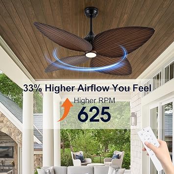 52 Inch Outdoor Ceiling Fans For Patios Waterproof,Tropical Ceiling Fan | 4 Palm Leaf Blades With Remote For Wet Rated Outside Exterior Porch, Pergola, Gazebo, Island