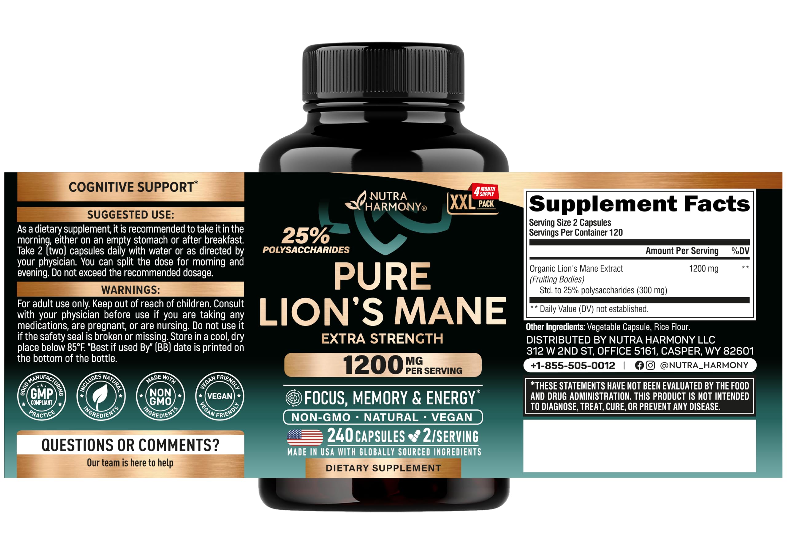 Lions Mane Supplement Capsules - Organic Lions Mane 1200 mg, 240 Vegan Caps — Amazon image 2
