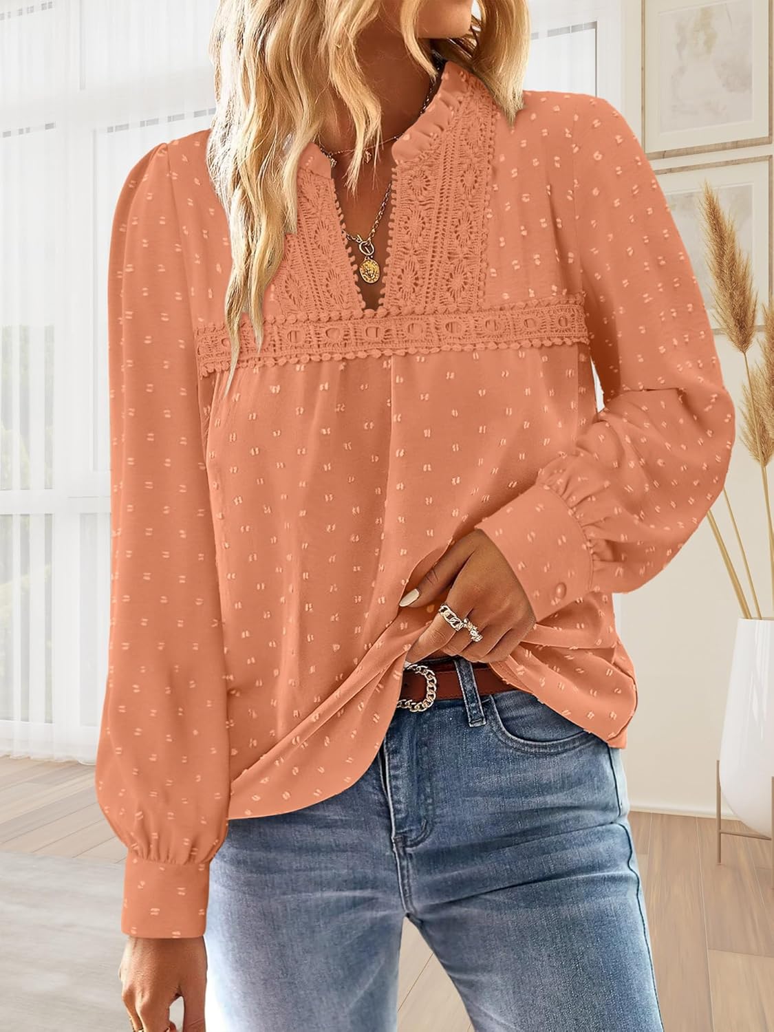 BETTE BOUTIK Womens Boho Fall Fashion Tops Long Sleeve Casual Shirts Flowy Swiss Dot Blouses - Image 2