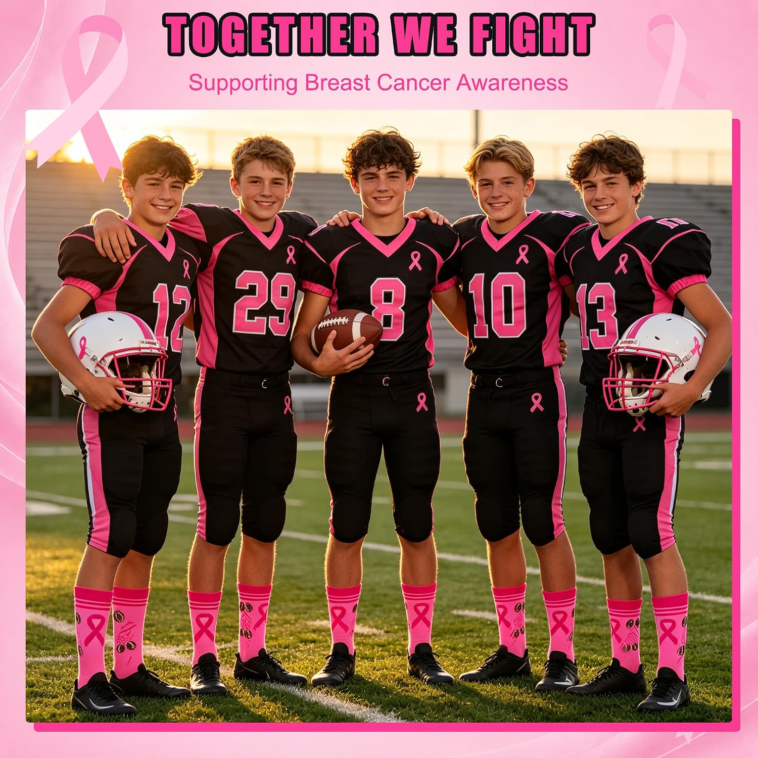 24Pairs Breast Cancer Awareness Socks, Pink Football Socks Bulk