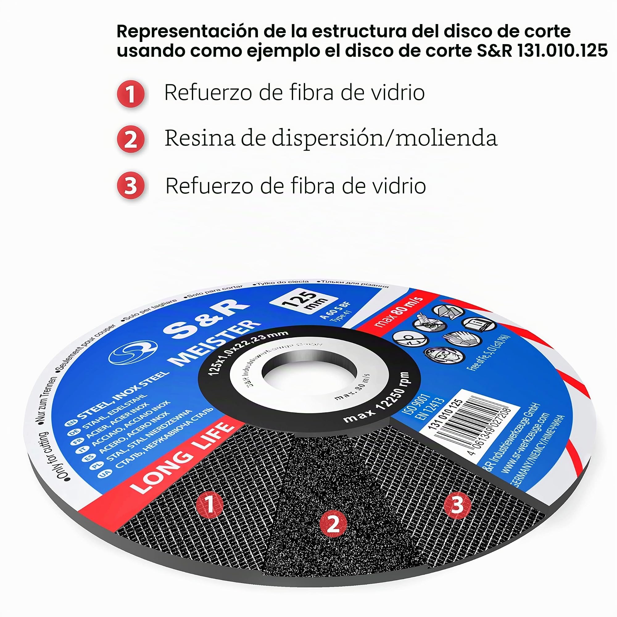 S&R Disco de corte 125 mm para Metal y Hierro 125 x2, 0x22, 23 mm A30 S-BF para uso profesional. Juego de 25 discos 125 metal para amoladora angular.