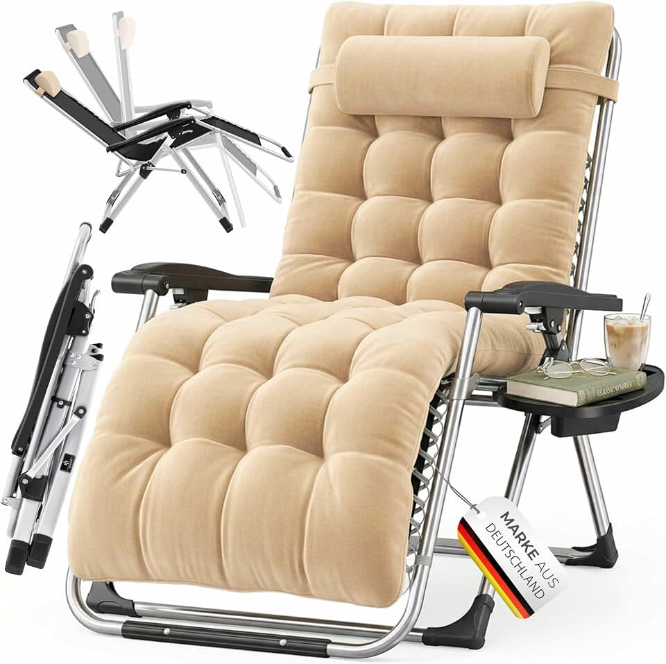 KESSER® Tumbona Plegable y Resistente | Silla de Jardín, Capacidad de 200 kg, Acolchado Ergonómico Extra Ancho, Respaldo Ajustable, Almohada para el Cuello y Portavasos Beige