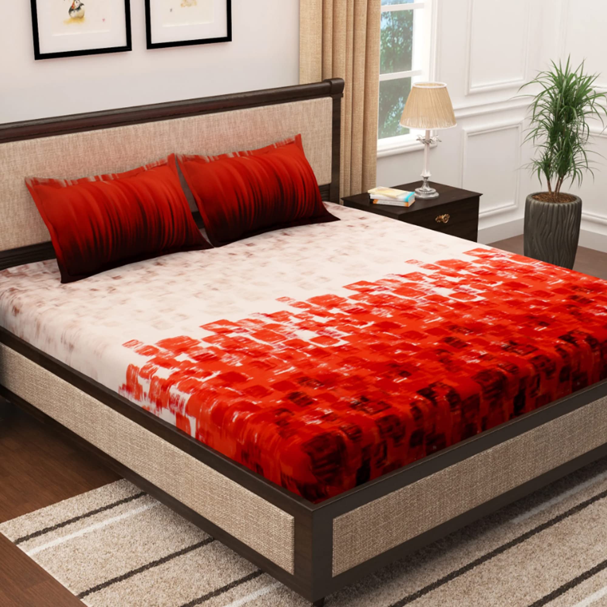 Story@Home Bedsheet for King Size Bed | 300TC | Red | Abstract | 1 Piece Cotton bedsheet for King Size Bed with 2 Pillow Covers (270 x270cm) Perfect for Diwali Gifting/Festive Gifting