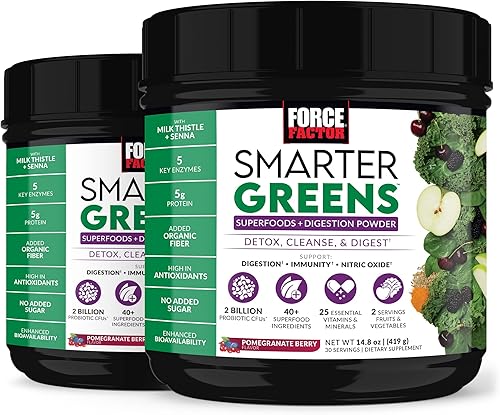 Force Factor Smarter Greens Superfoods + polvo de digestión, paquete de 2, polvo verde con 2 mil millones de probióticos, enzimas digestivas y