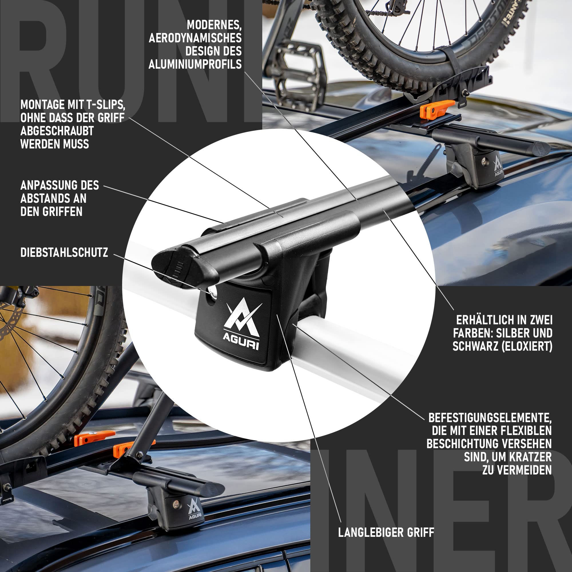 AGURI Runner II | Kompatibel mit Volvo XC60 II 2017+ | Dachgepäckträger Dachträger | Geeignet zur Befestigung von Dachboxen, Fahrradträger, Leiter | Robuste Konstruktion aus Alu | TÜV
