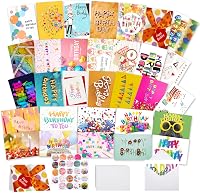 Joyberg 32 Pack Assorted Happy Birthday Cards Bulk with Envelopes & Stickers - 4x6 Vibrant Designs for Kids, Family, Office