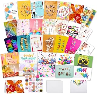 Joyberg 32 Pack Assorted Happy Birthday Cards Bulk with Envelopes & Stickers - 4x6 Vibrant Designs for Kids, Family, Office