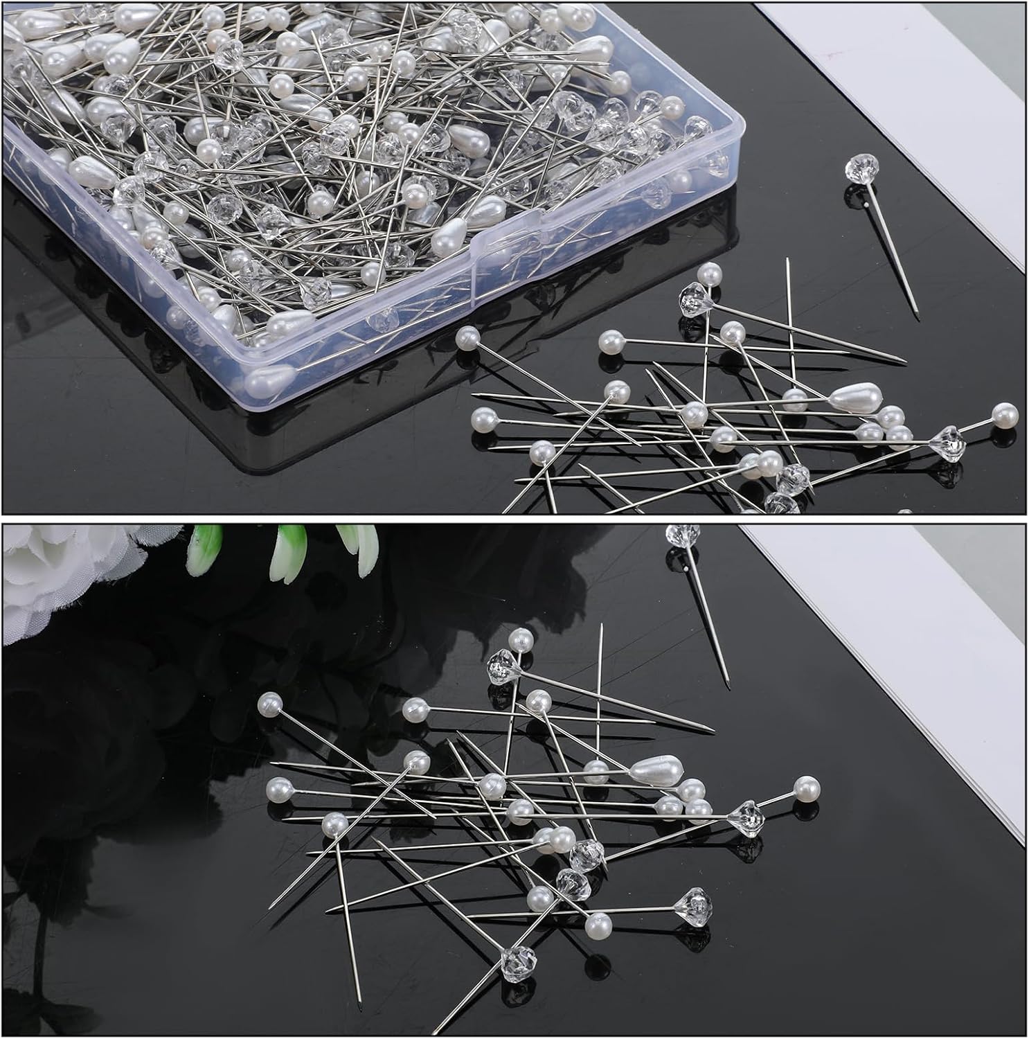 300Pcs Corsage Bouquet Pins Including Diamond Pins Straight Teardrop and Round Pearl Head Pin for Bouquets Wedding Wrist Flower Decoration DIY Craft Floral Decorations, 3 Styles
