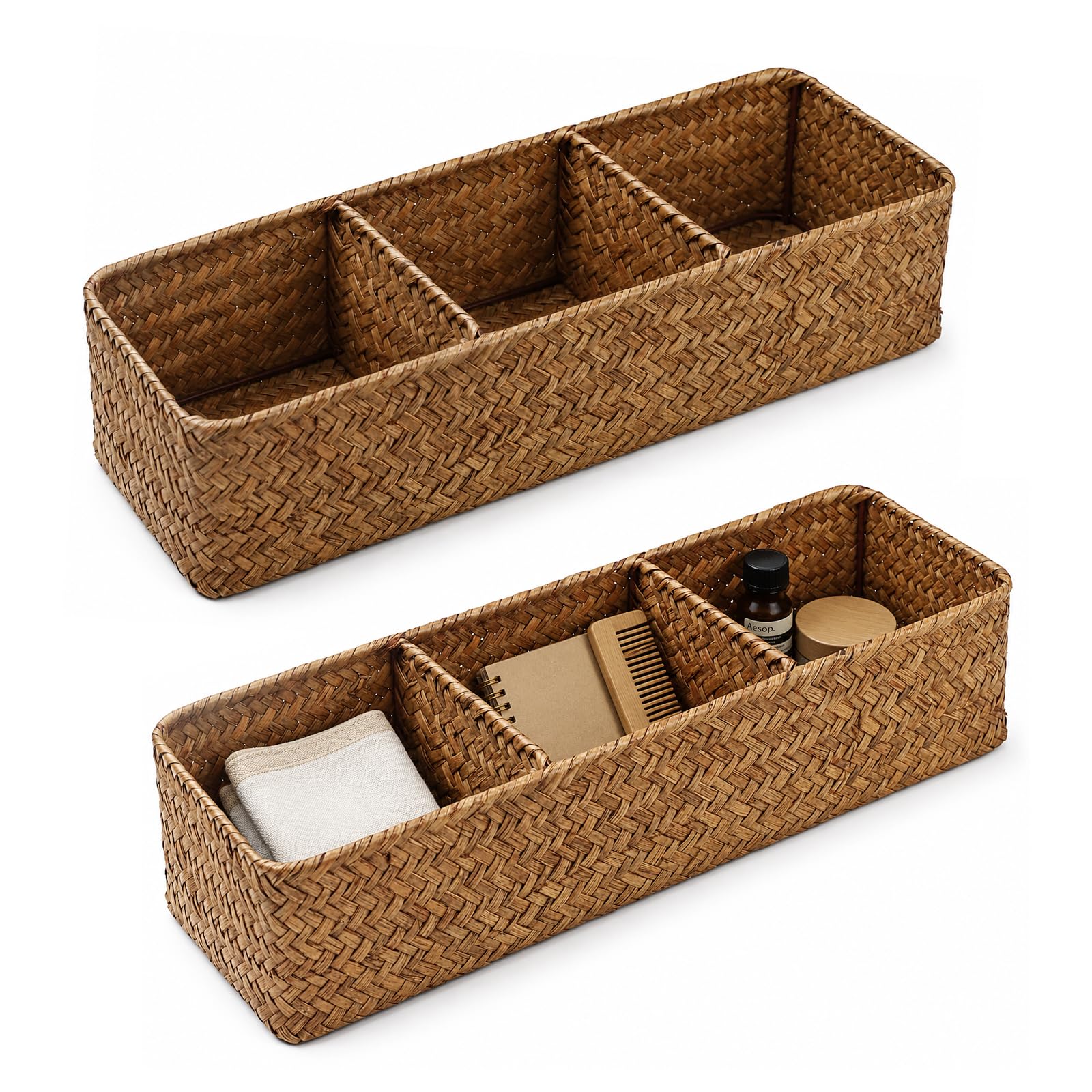 EVERGOODS 3 Compartment Seagrass Storage Basket, Woven Storage Basket Organiser Box with Dividers, Shelf Basket for Bathroom, Living Room & Home Organisation, Handwoven Storage Box (2PCS Brwon)