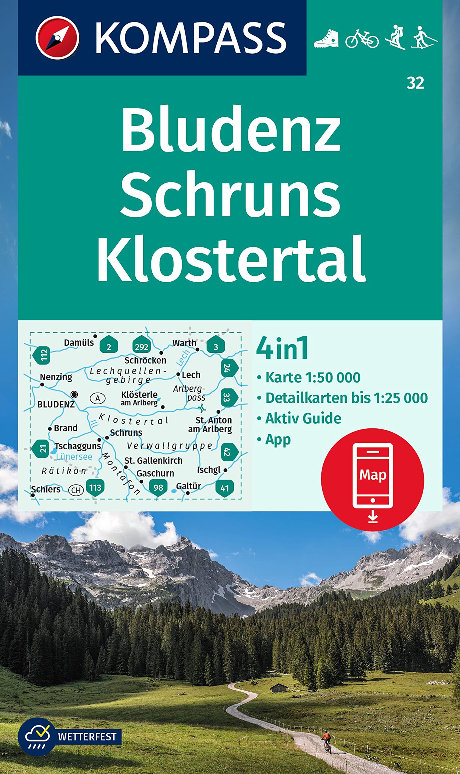 Bludenz / Schruns / Klostertal + Aktiv Guide (32): 4in1 Wanderkarte, mit Aktiv Guide und Detailkarten inklusive Karte zur offline Verwendung in der KOMPASS-App. Fahrradfahren. Skitouren. Langlaufen.