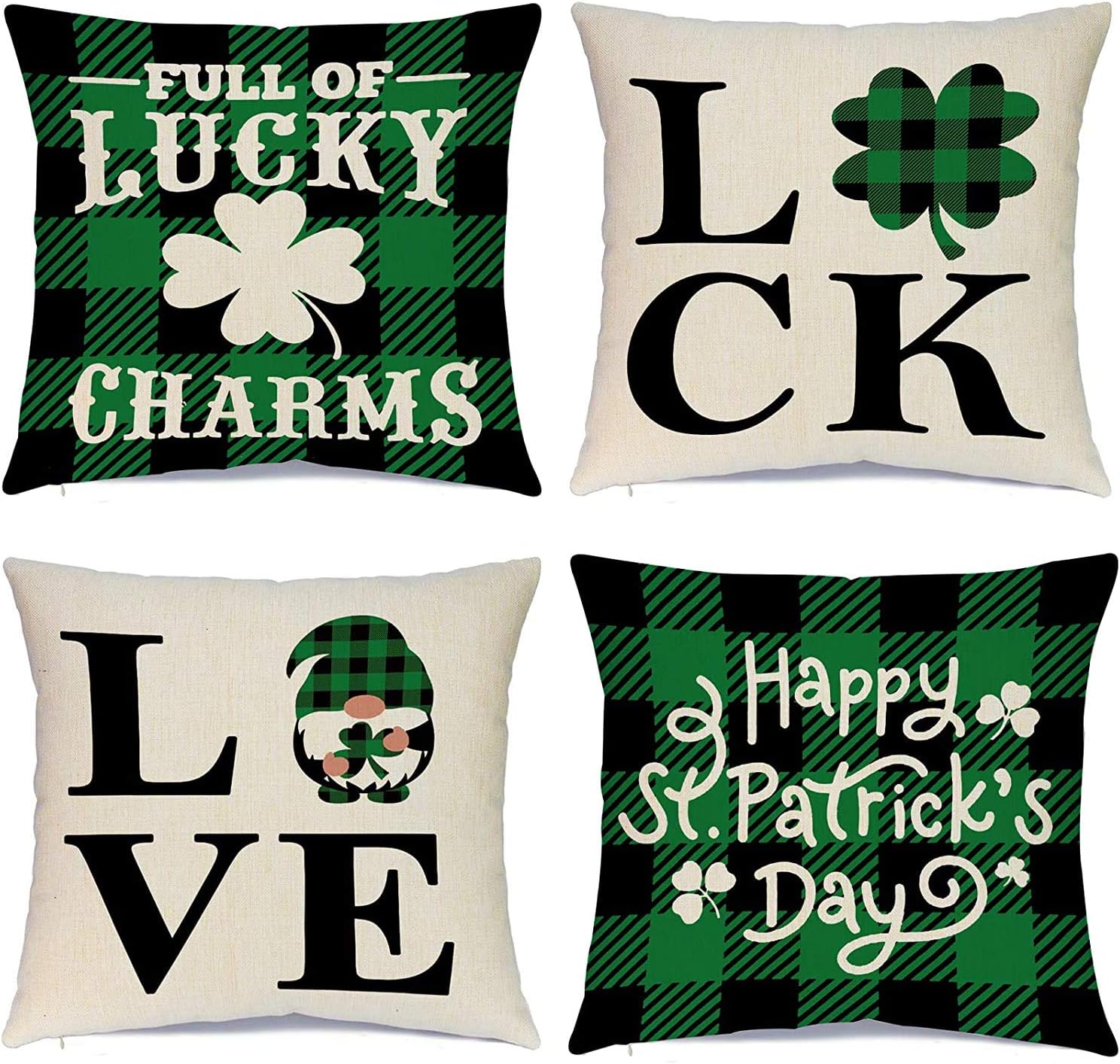 Hlonon St. Patrick’s Day Pillow Covers 20x20 Inches Set of 4 St. Patrick's Day Decorations Buffalo Check Pillow Covers for Irish Shamrock Holiday Sofa Couch Bedroom Home Decor