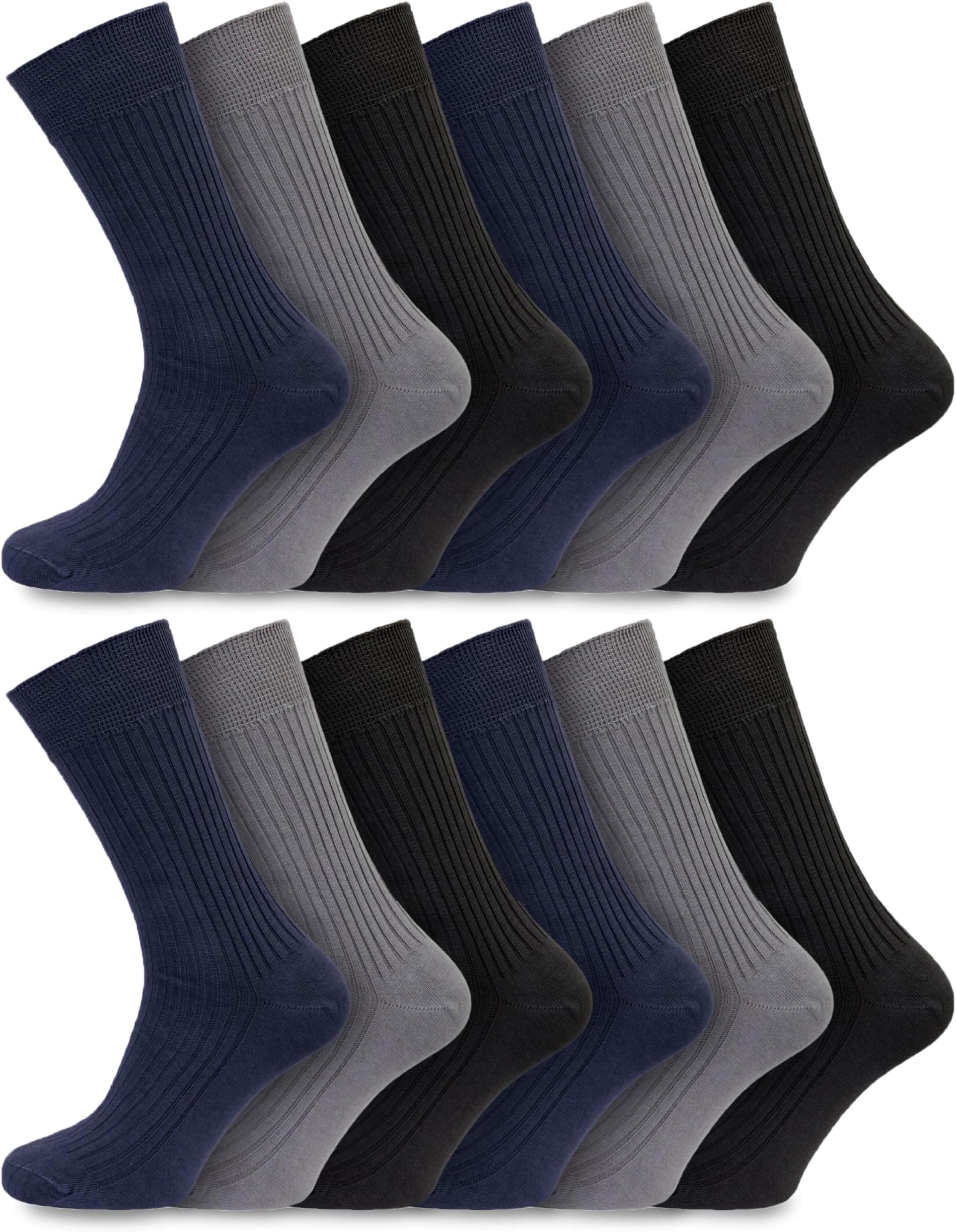 Men’s Diabetic Socks 12 Pairs | UK 11–14 Big Foot Size | 100% Cotton Extra Wide Non-Elastic Socks | Gentle Grip Soft Top | Hand-Linked Seamless Toe | Comfort Fit for Sensitive Feet