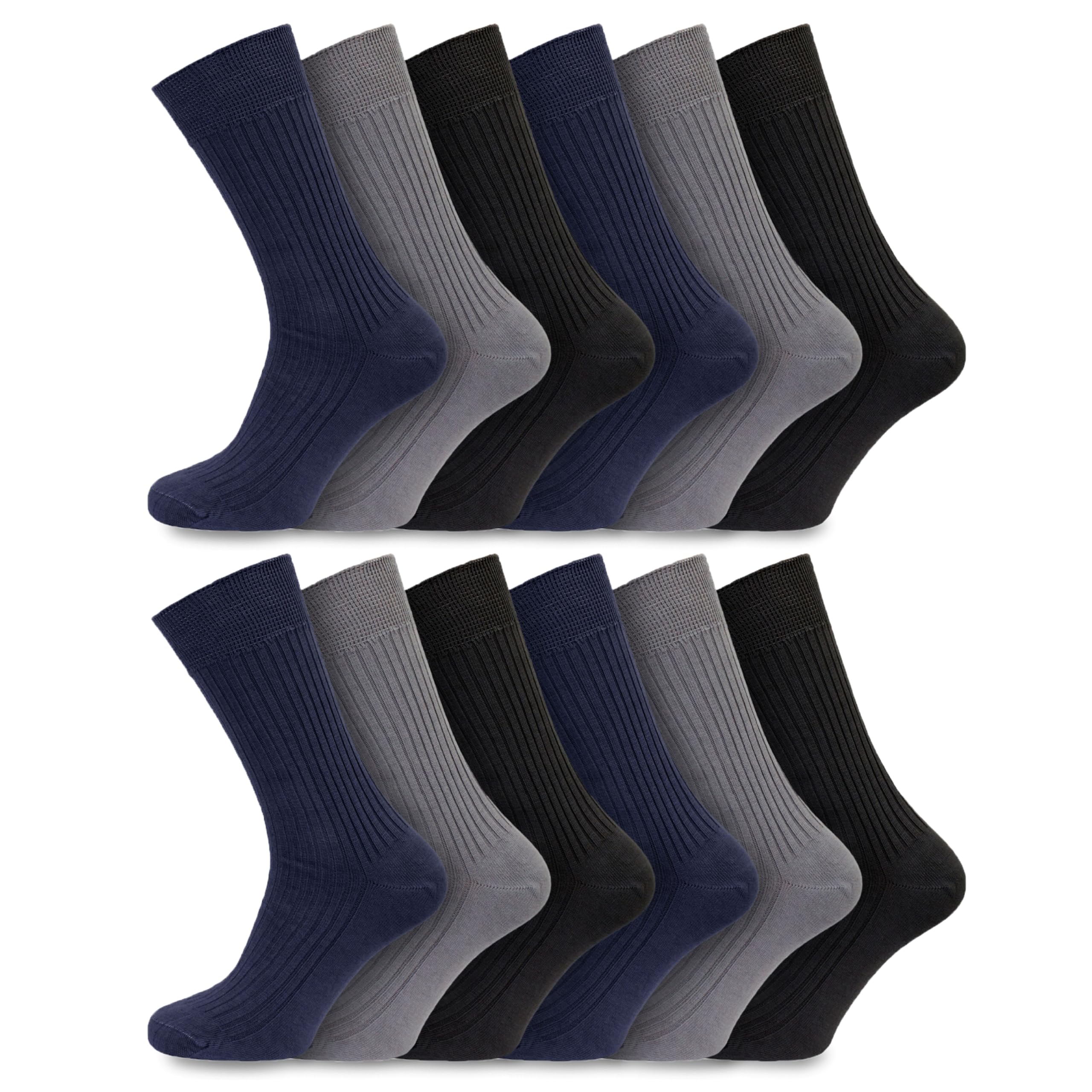 Men’s Diabetic Socks 12 Pairs | UK 11–14 Big Foot Size | 100% Cotton Extra Wide Non-Elastic Socks | Gentle Grip Soft Top | Hand-Linked Seamless Toe | Comfort Fit for Sensitive Feet