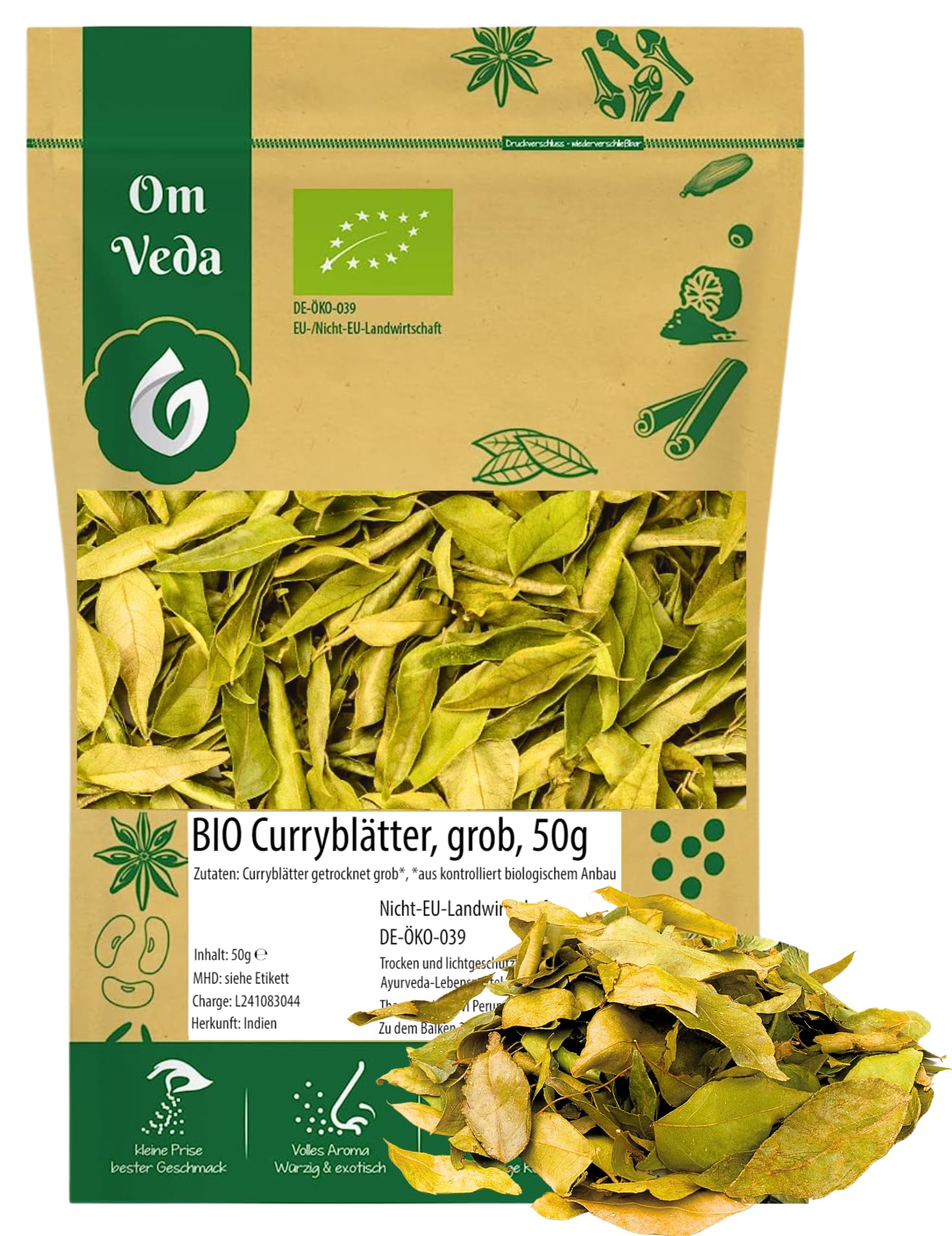 BIO Curryblätter 50g | Curry Blätter | Getrocknete Curryblätter ganz grob | Curry Leaves | Indische Ayurveda Küche | Organic Bio-Qualität DE-ÖKO-039 | OmVeda