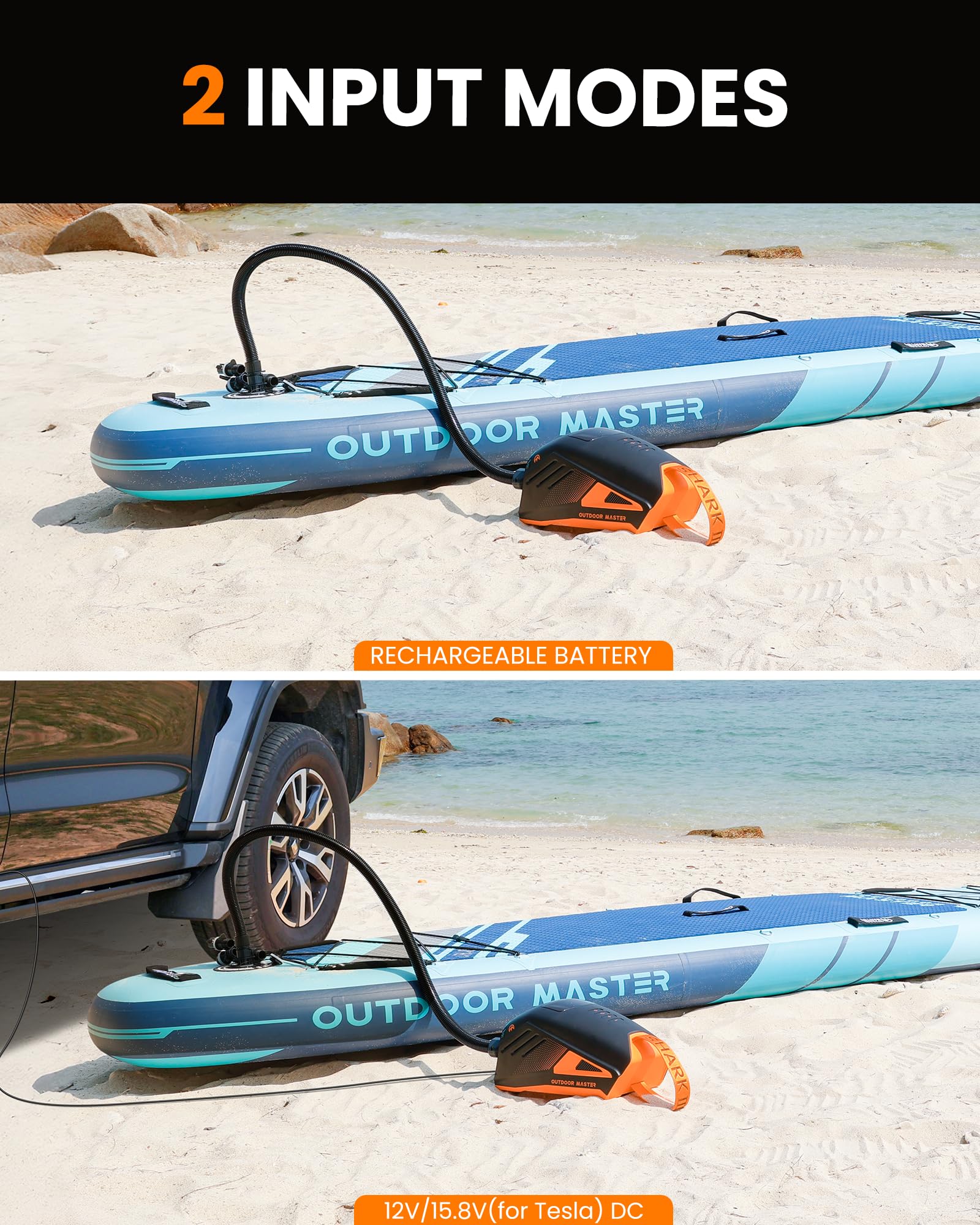 OutdoorMaster Shark 3 Pompa ad Aria Elettrica - 3'50" Gonfiaggio Rapido, 20PSI Pompa a Batteria Ricaricabile 74Wh, Auto-Off & Deflation, 12V/15.8V DC & Type-C Input, 8 Ugelli per Gommoni, Barche