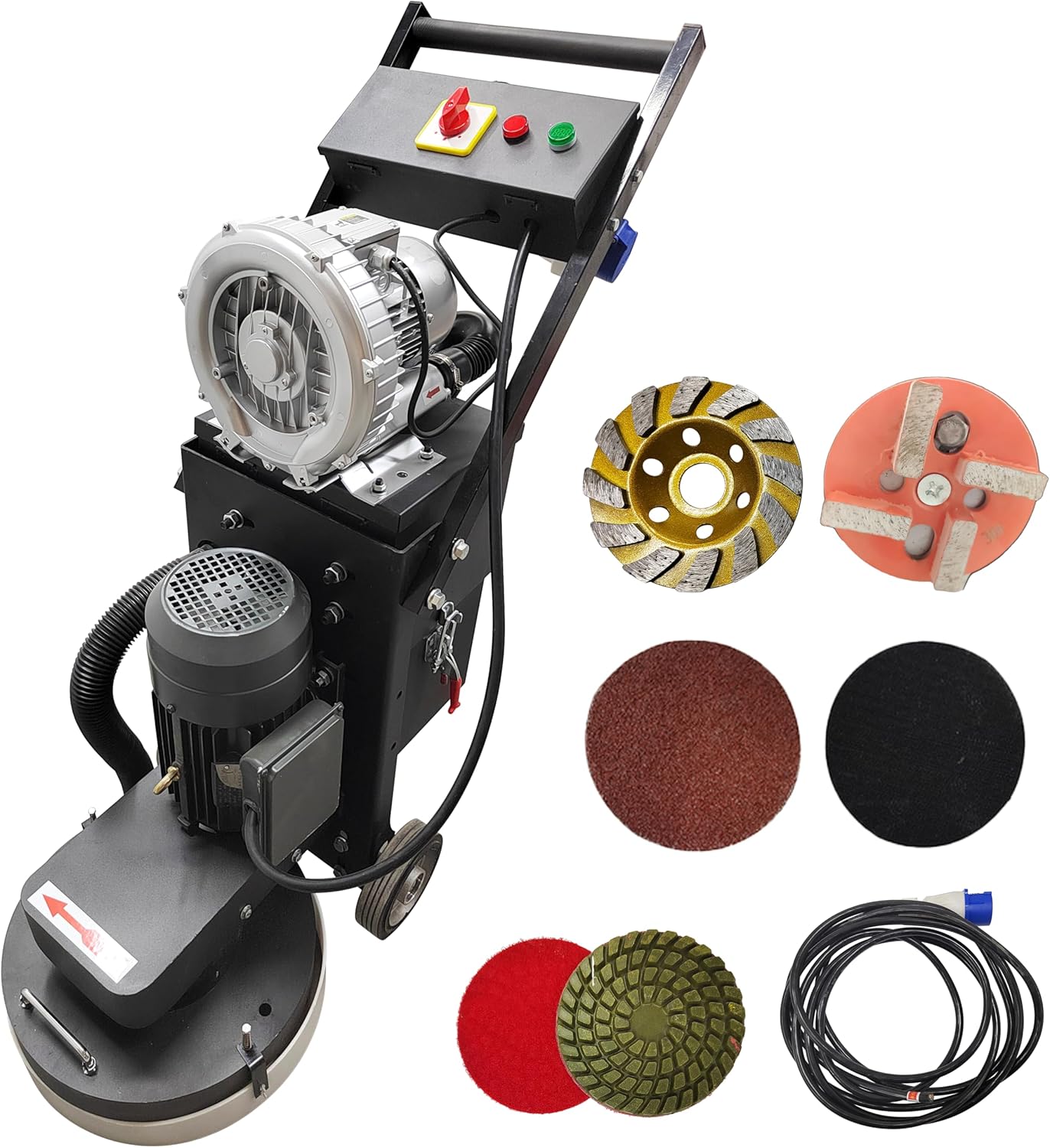 TECHTONGDA Concrete Floor Grinder Polisher 5-Head Grinding Base 14.9in Grinding Width 20L(4.399Gal) Dust Collection Box for Construction Sites Industrial Workshops Garage 220v/4kW